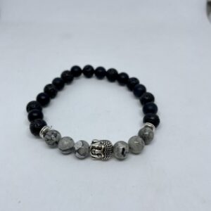 Szürke-fekete karkötő ezüst buddhával