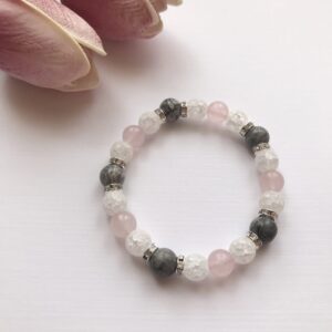 Rózsakvarc hegyikristály karkötő szürke jáspissal