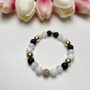 Fekete-fehér-arany karkötő, arany cirkónia gyönggyel